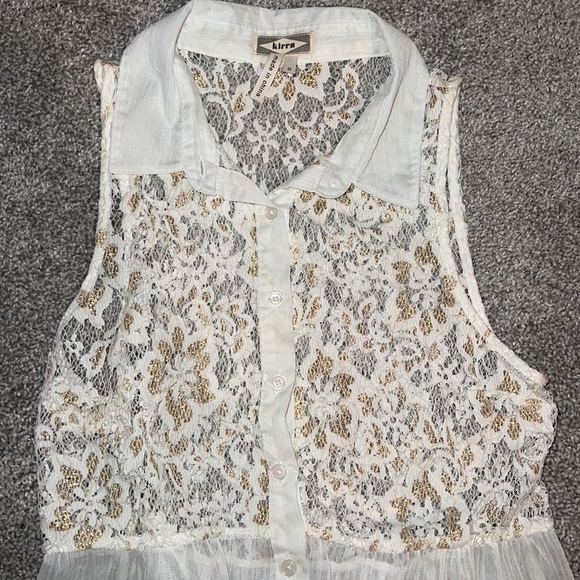 sheer top with gold and white lace button up collared top - Picture 2 of 5